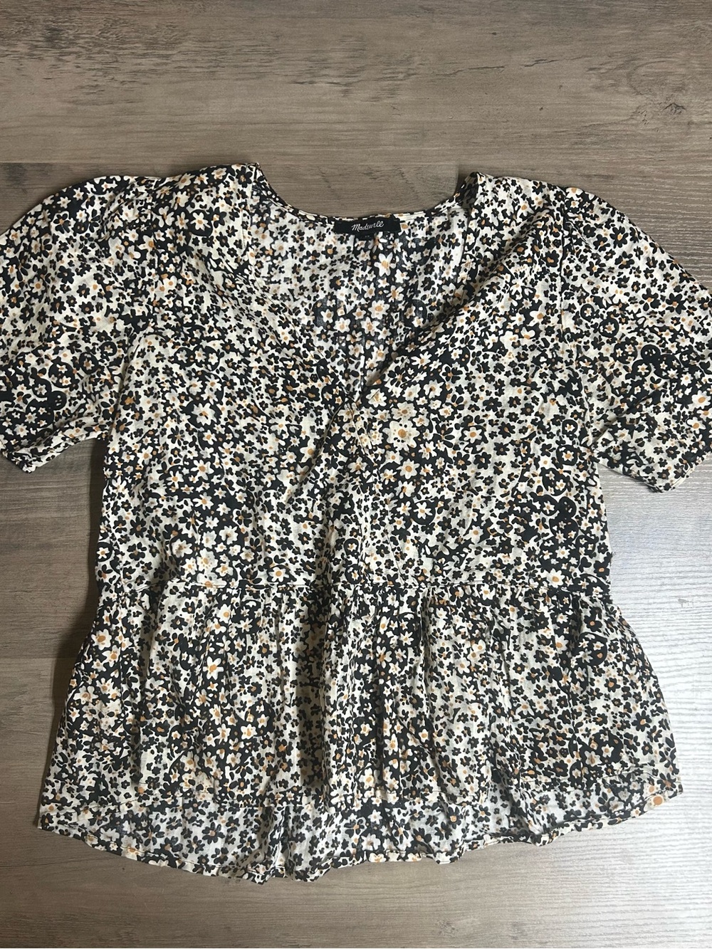 Madewell Black, Cream & Tan Floral Peplum Top